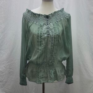 Roper western cowgirl sheer green romantic off shoulder shirt top LG